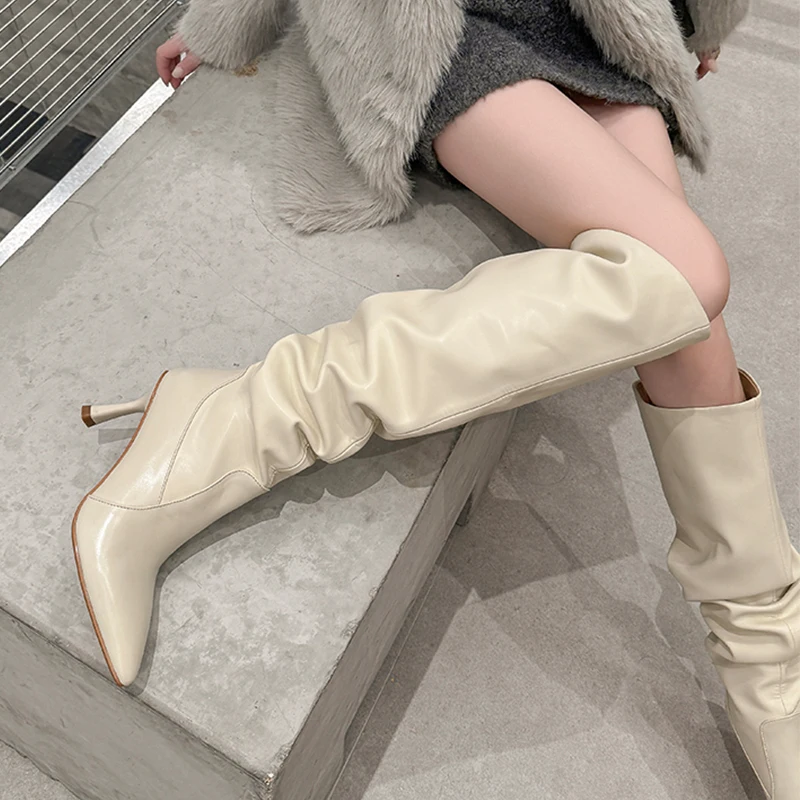 JOZHAMTA 2025 News Women Knee High Boots Pointed Toe Winter Woman Shoes High Heel Genuine Leather Long Boots Black Size 34-40