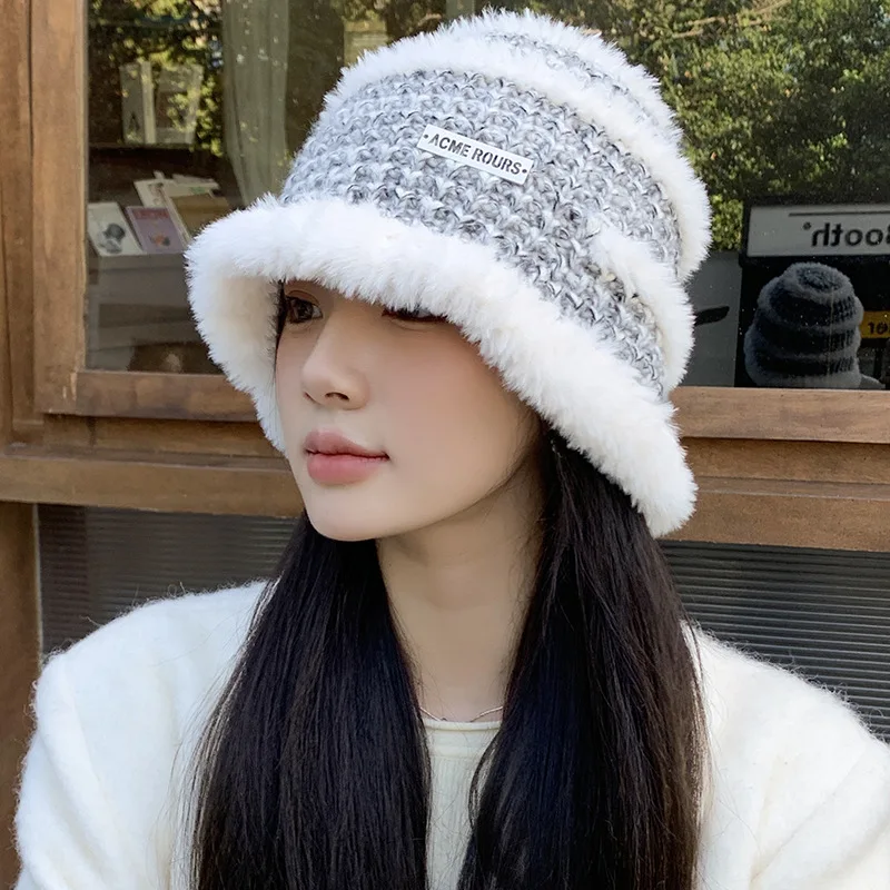 Plush Warm Knitted Hat Autumn Winter Stripes, Versatile Fisherman Hats for Women Casual Display of Face, Small Basin Hat Trend