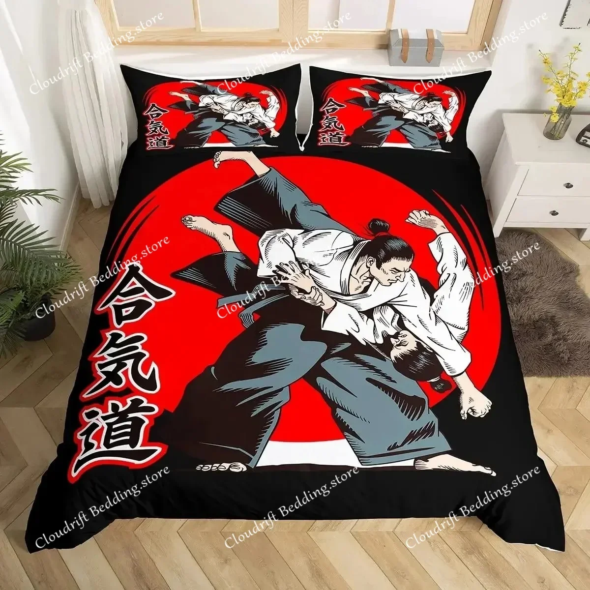 Japanese Samurai Bedding Set KingQueenFull Size Japan Sunset Scenery Building Silhouette Polyester Duvet Cover Men Black Red026