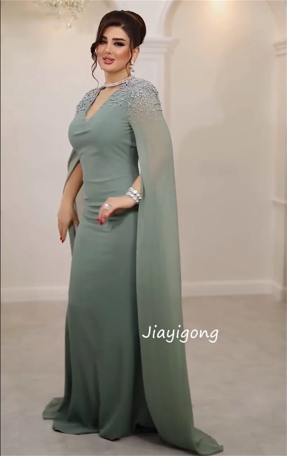 Customized Formal Jersey Sequined Pleat Straight V-neck Long Luxury Party Dresses Chinese Style High Quality