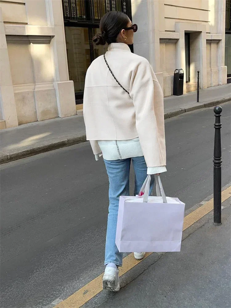 Fmxires New Casual Female Wool Overcoat Streetwear Patchwork Loose Cardigan Cropped Coat For Women Long Sleeve Solid Y2k Outwear