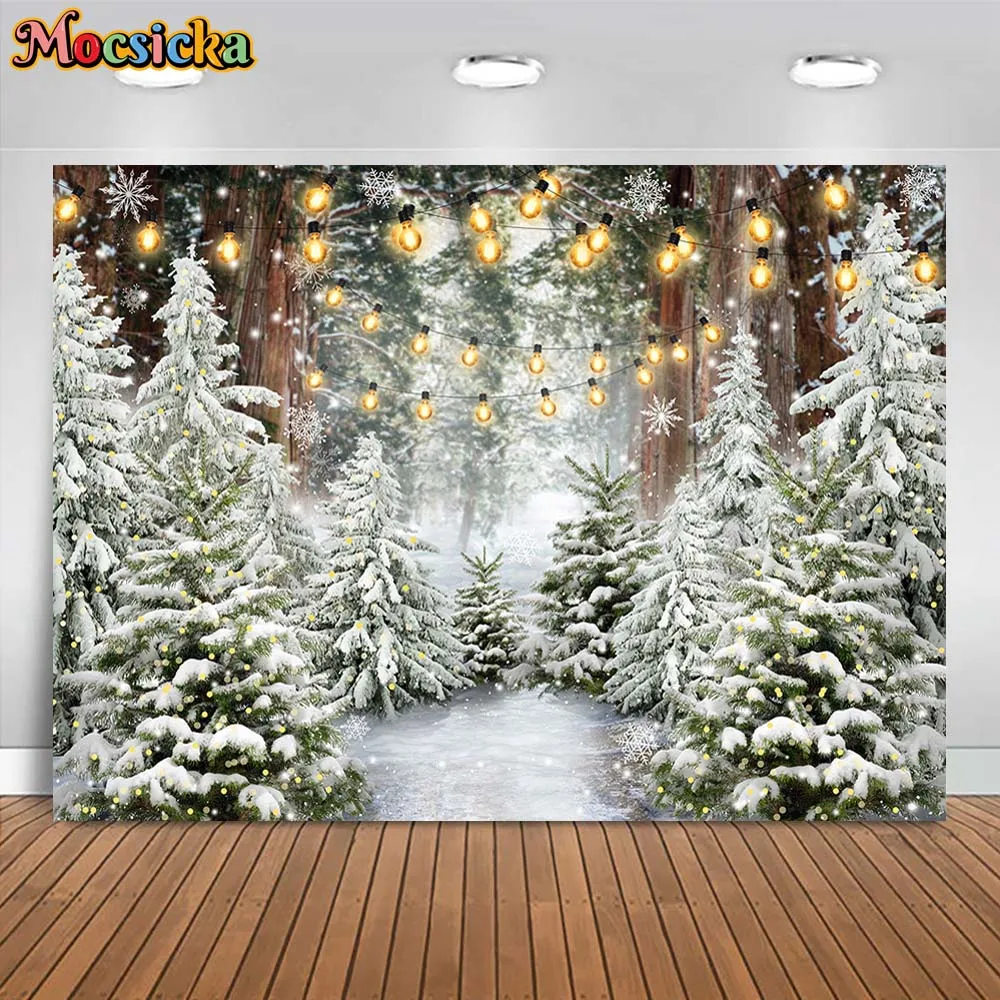 

Mocsicka Winter Snow Forest Backdrop for Photography Snowfield Pine Tree Light Bulb Outdoor Kids Portrait Photo Background Props