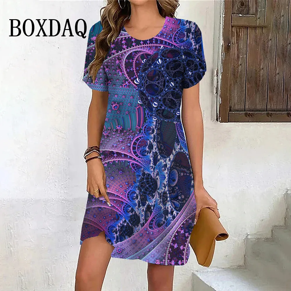 Women Dresses Abstract Art Print Street Mini Dresses Elegant Short Sleeve Casual Fashion Casual Female Y2k Clothing Oversized