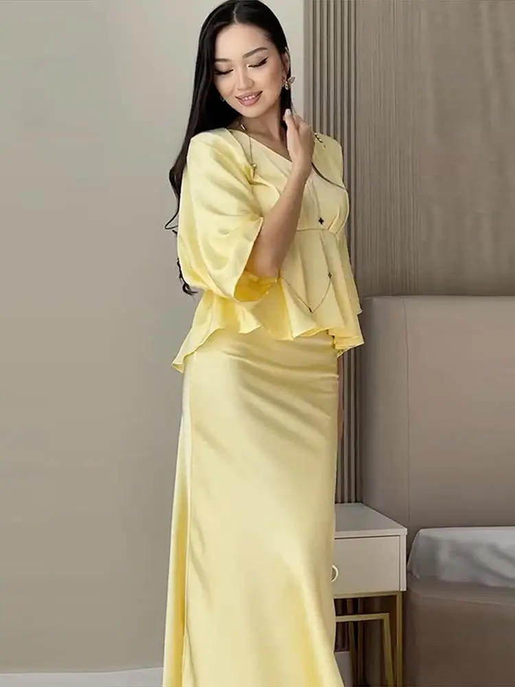 

Lace Up Mid Sleeved Skirt Set Women Two Pieces Set V-neck Summer Women's Bubble Sleeve Shirt Long Skirt Loose Casual Outfit