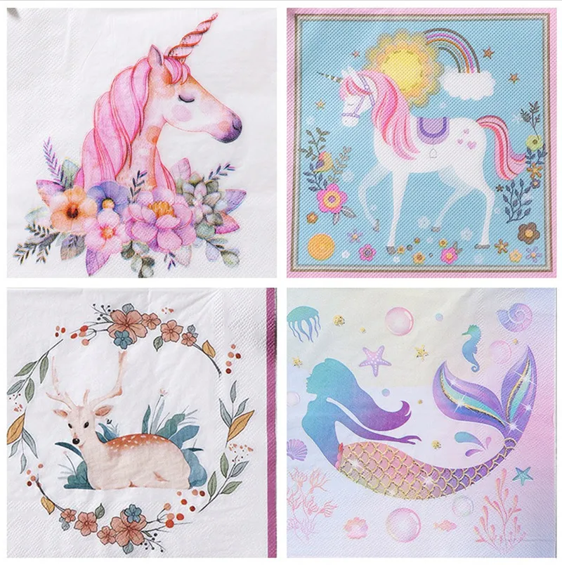 

20Pcs/pack 33x33cm Disposable Cartoon Unicorn Mermaid Printed Table Dinner Tissue Napkins Paper Wedding Party Decoration