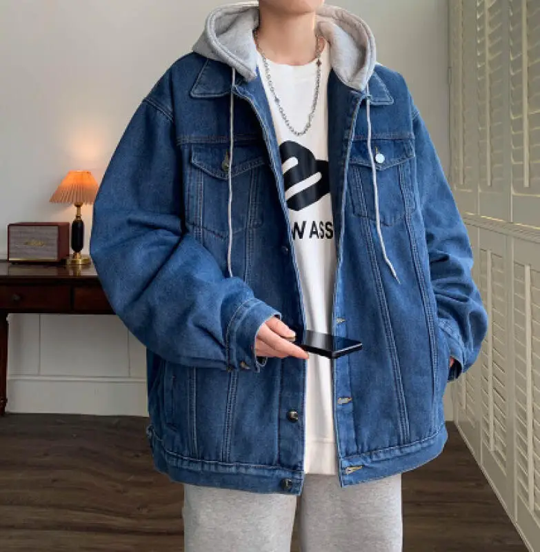 Spring and Autumn Simple Commuter Hoodie Korean Edition Color Blocked Men's Couple Loose Casual Denim Jacket