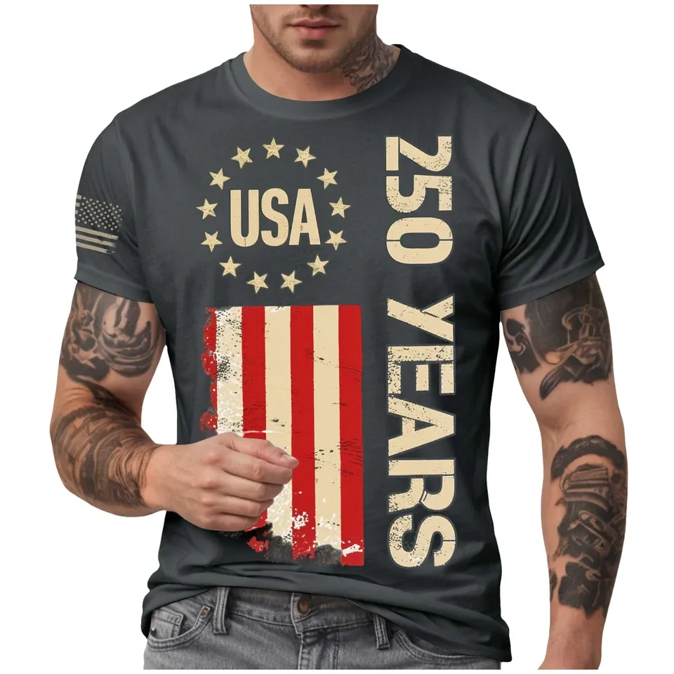 Fashion 250th Anniversary Commemorative Flag Print Men's T Shirts O Neck Short Sleeve Top