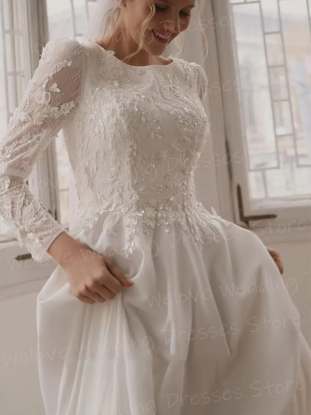 فساتين زفاف نسائية أنيقة على شكل حرف A مزينة بالدانتيل رداء De Mariée مخصص بأكمام طويلة ورقبة دائرية فساتين العروس Vestido De Novia