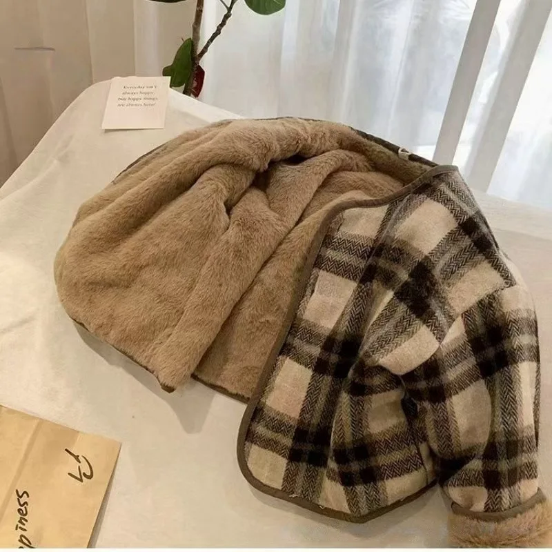 Winter Children Girls Woolen Coat Round Collar Plaid Toddler Kids Girls Outwear Jacket Loose Thicken Warm Infant Babys Girl Coat