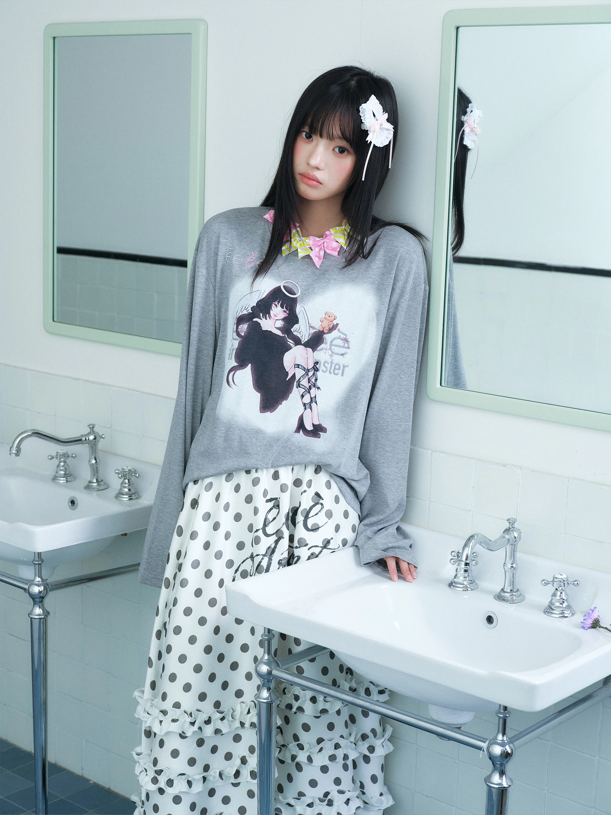 Angel Girl Long Sleeve T-Shirt with Rhinestone Cover up Printed Standard Fit Modal Cotton Polyester round Neck Casual Top