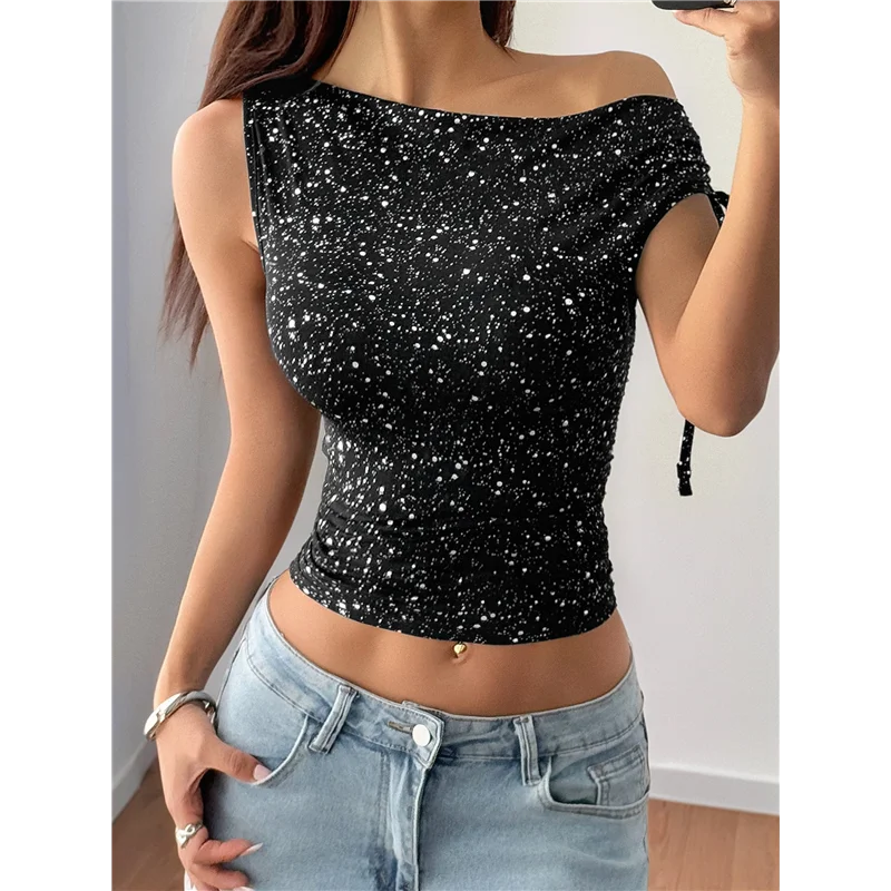 ABRT-One ไหล่เลื่อม Sparkly Tops สําหรับผู้หญิง Ruched ไม่สมมาตร Glitter Tops Slimming Party เสื้อ