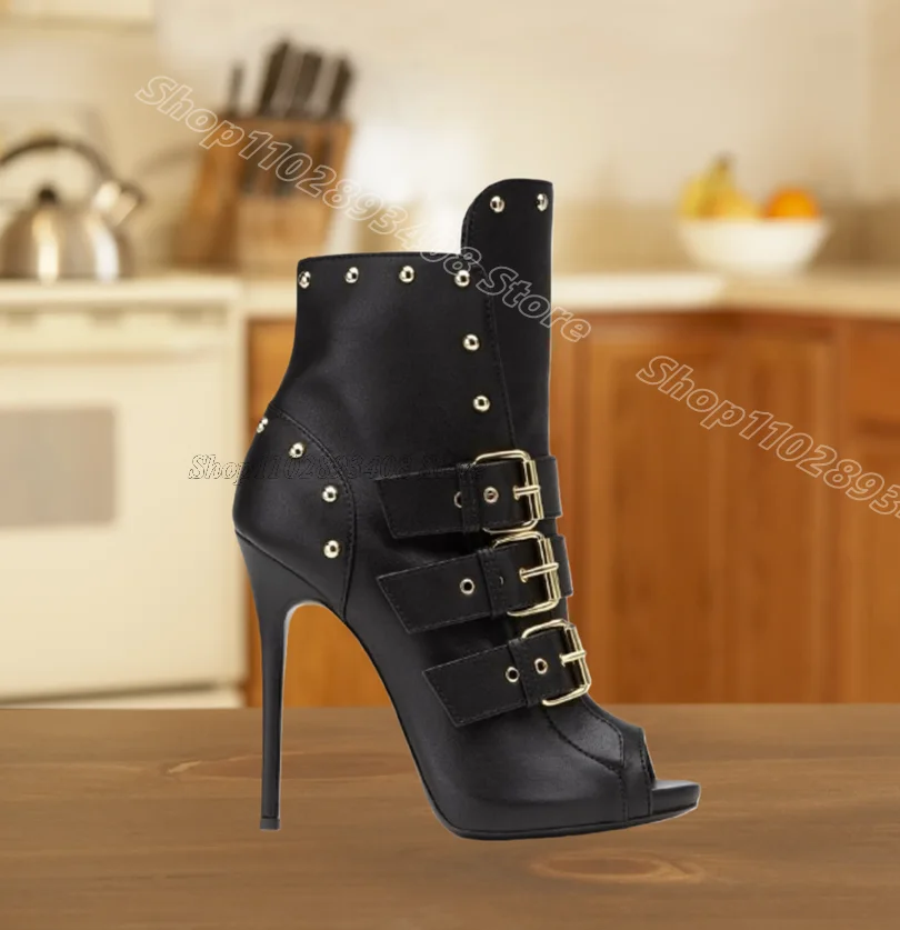 Black Buckle Rivet Decor Boots Stiletto Peep Toe Matte Leather Design for Women Dress Sexy Ankle Boots 2026 Zapatos Para Mujere