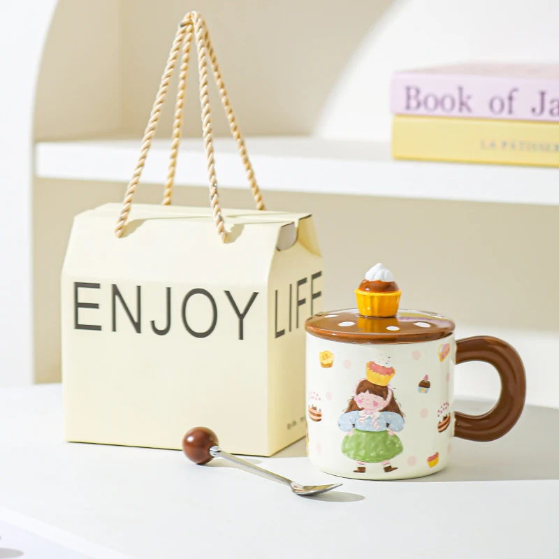 صندوق هدايا أطقم أكواب سيراميك منزلية 400 مللي حلوى جمالية عالية بمقبض شخصية كرتونية أكواب كوب للزوجين مع مغرفة وغطاء