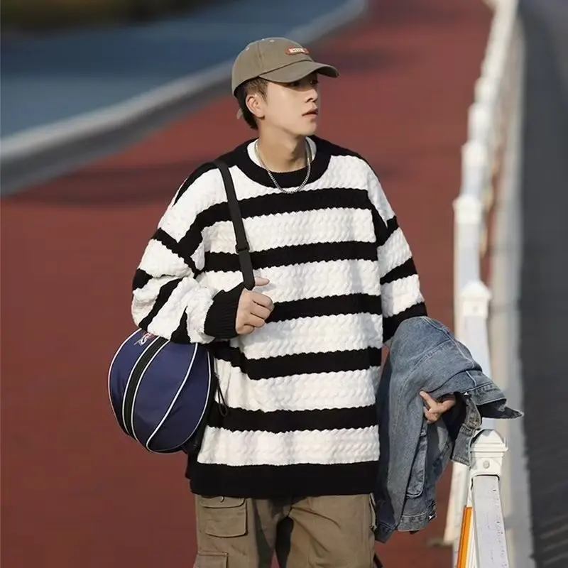 

Men's Loose Knitted Sweater Winter Stripe Lazy Sle Inner Wear American Retro Loose Line Coat Casual Warm Faionable