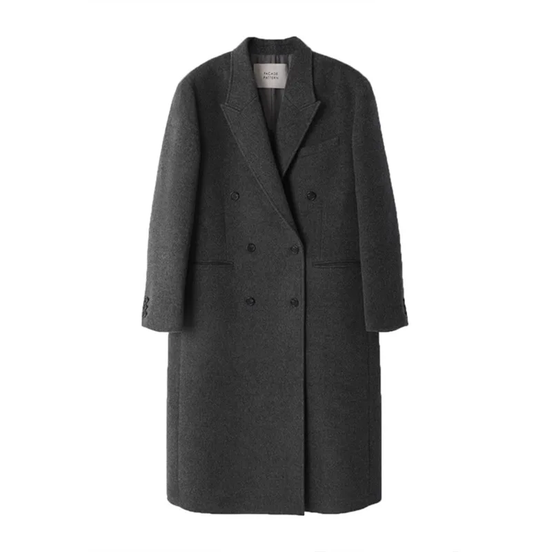 Długi wełniany płaszcz damski na jesień zimę 2025 Nowa moda Garnitur Kołnierz Luźna odzież wierzchnia Płaszcz z wełny kaszmirowej