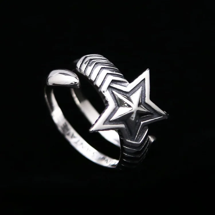 Manufacturer wholesale S925 pure silver pentagram ring, creative and fashionable Korean retro ring, lively men's hip-hop style a