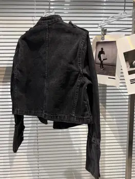 Chaqueta Mujer Metal Double Breasted Stand Collar Design Denim Jacket Top Denim Women Clothing American Overcoat Outwear 3