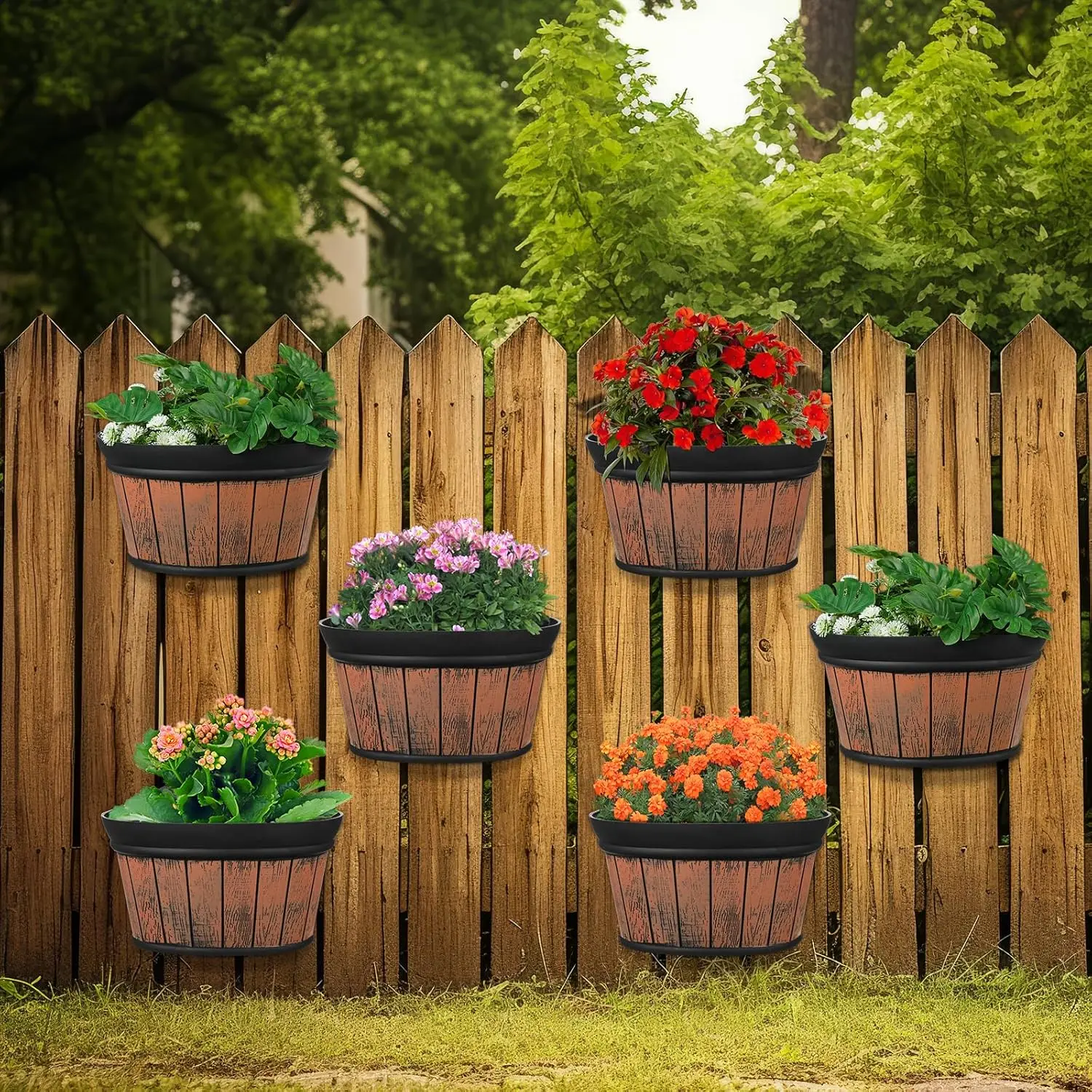 

6 Pcs Distressed Oak Wine Barrel Planters, Thickened Plastic Water Storage Pots for Indoor Outdoor Flowers (10 Inches, Brown)