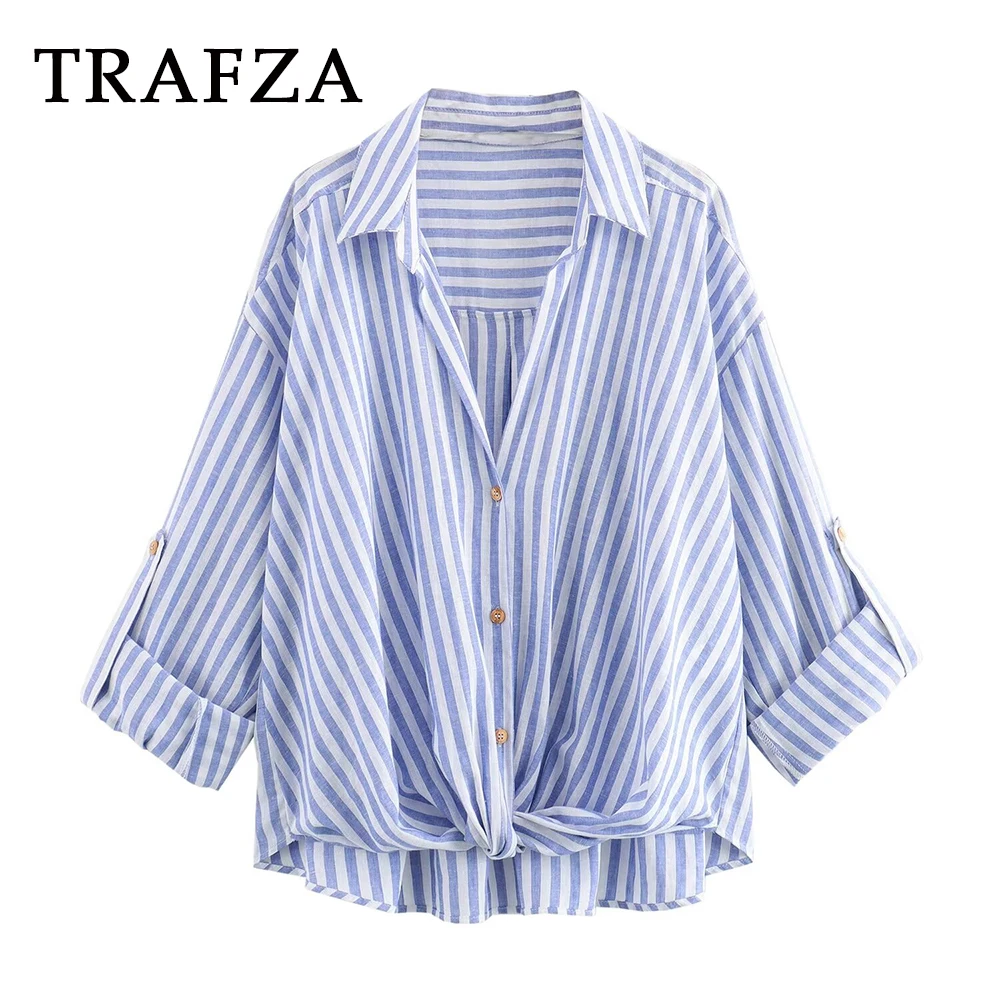 TRAFZA 2024 Spring Casual Women Striped Casual Flax Shirt BOW Single Breasted Streetwear Loose Shirt Fashion Women Folds Shirts