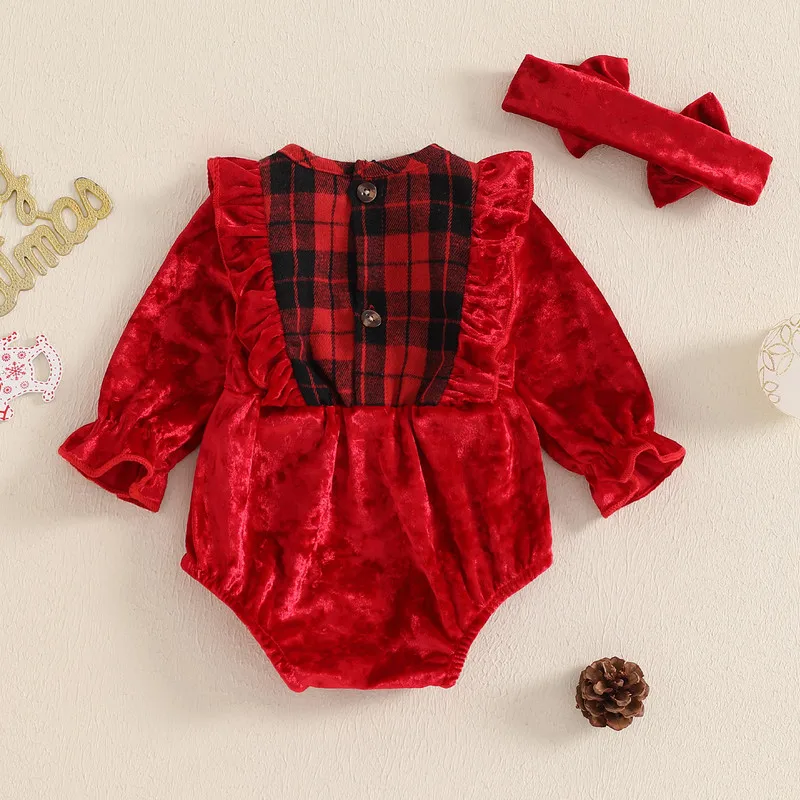 RUEWEY 0 to 18 Months Baby Girls Christmas Bodysuit Ruffle Long Sleeve Plaid Print Jumpsuit+ Headband Set Newborn Clothes