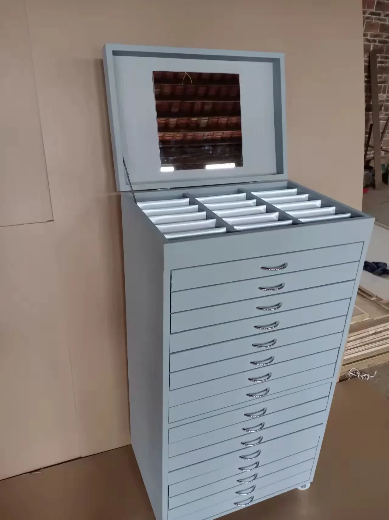 Flip cover with mirror optical store leather glasses display cabinet