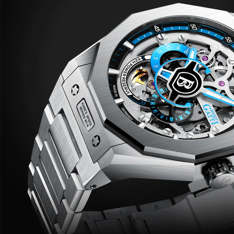 

BONEST GATTI мужские часы немецкие автоматические механические скелетон светящийся браслет из нержавеющей стали BG7601-S