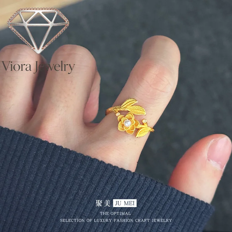 Viora Jewelry 9999 Real gold three-dimensional peony flower micro-inlaid pearl ring 24K new Chinese women's light luxury flower