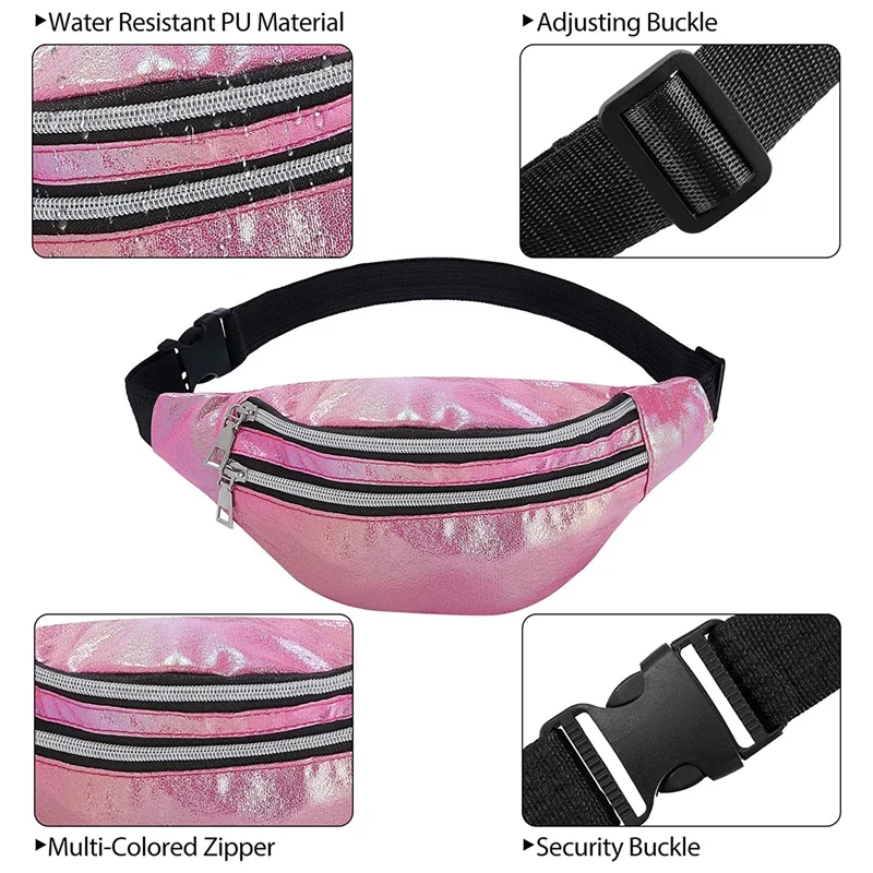 2 Pieces Metallic Color Waterproof Pack Bag Sport Waistbag Adjustable Waist Bag For Women Men Kids