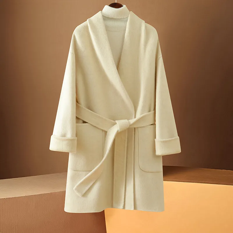 

2026 Solid Color V-neck Double-sided Wool Coat Short Style Waist Strap Slim Casual Autumn Winter Warm Coat Jacket Female Outwear