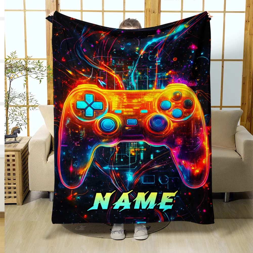 A customizable neon game controller designed with a plush blanket personalized name, all year round, lightweight, polyester