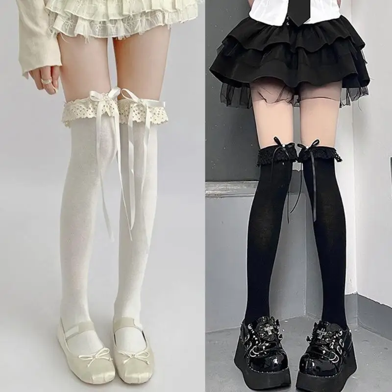 195E Over Knee Long Socks Women Bowknot Lace Ruffle Trim Thigh High Stockings