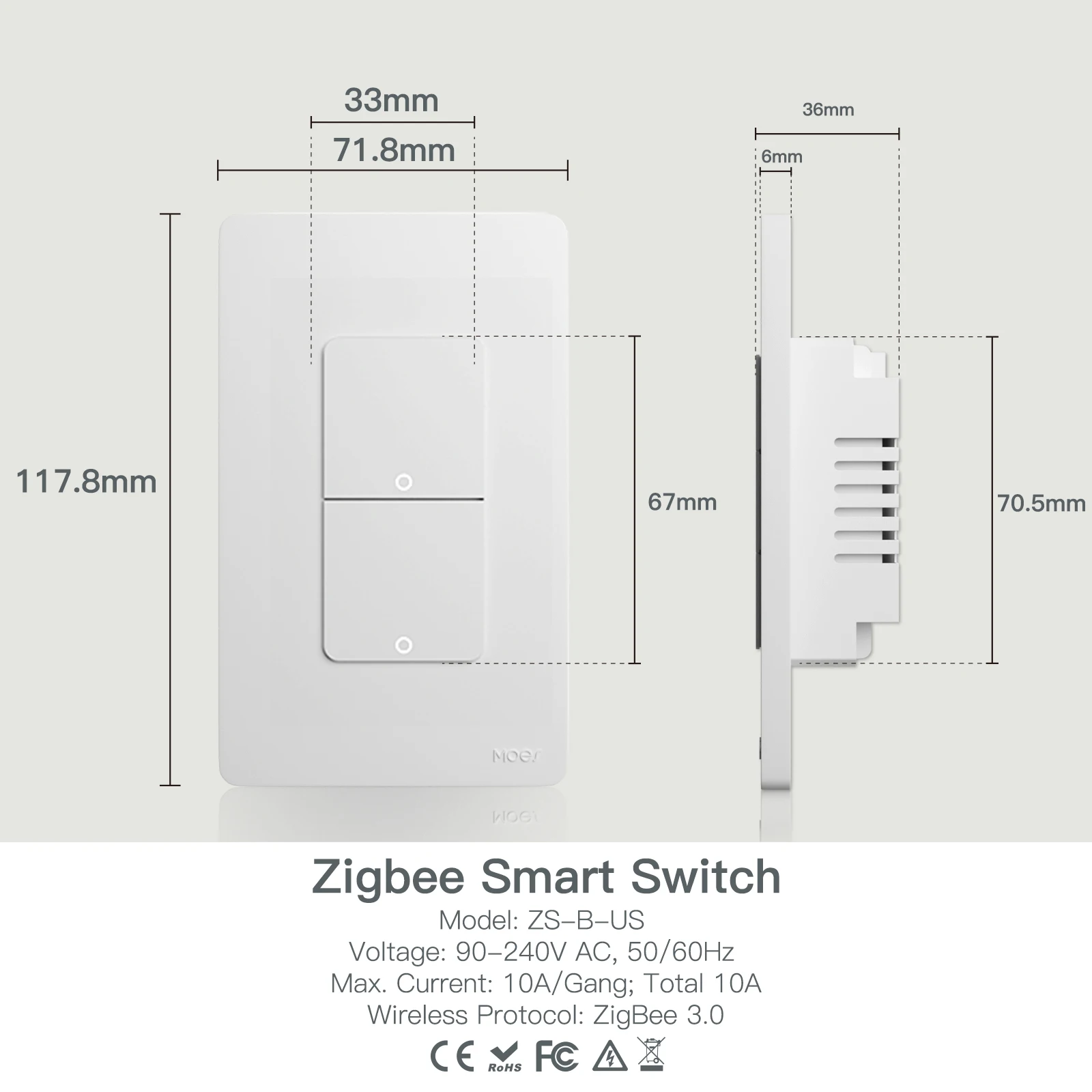 MOES Tuya ZigBee interruptor de luz inteligente interruptor de pared con botón pulsador estadounidense funciona con Alexa Google Home cable