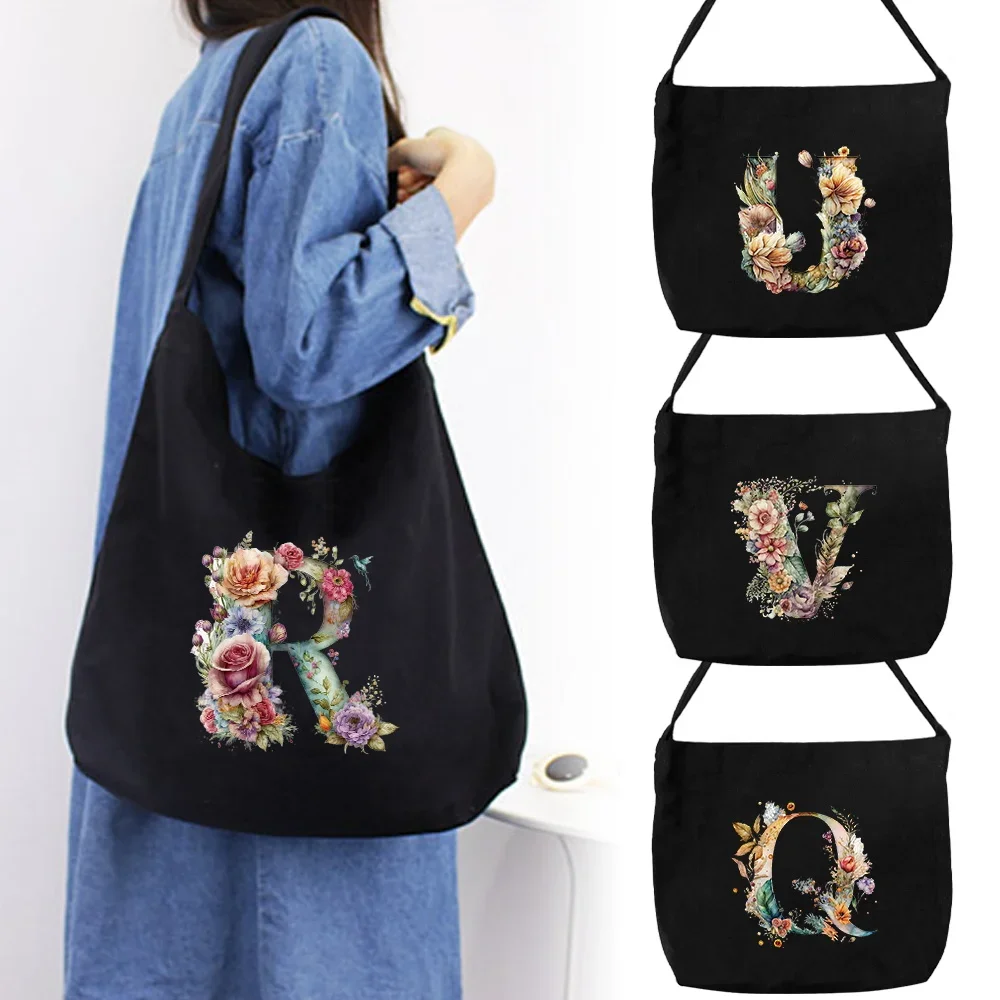 Tote Bag Canvas Shoulder Bag Black HandBags Large Capacity Women's Commuting Organizers Bag Floral Letter Printing Series