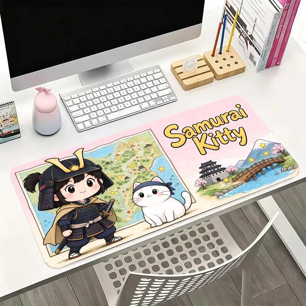 Samurai Kitty Adventure Table Mat Thick Rubber Smooth Cloth Surface Smooth Glide For Home Gaming Decor