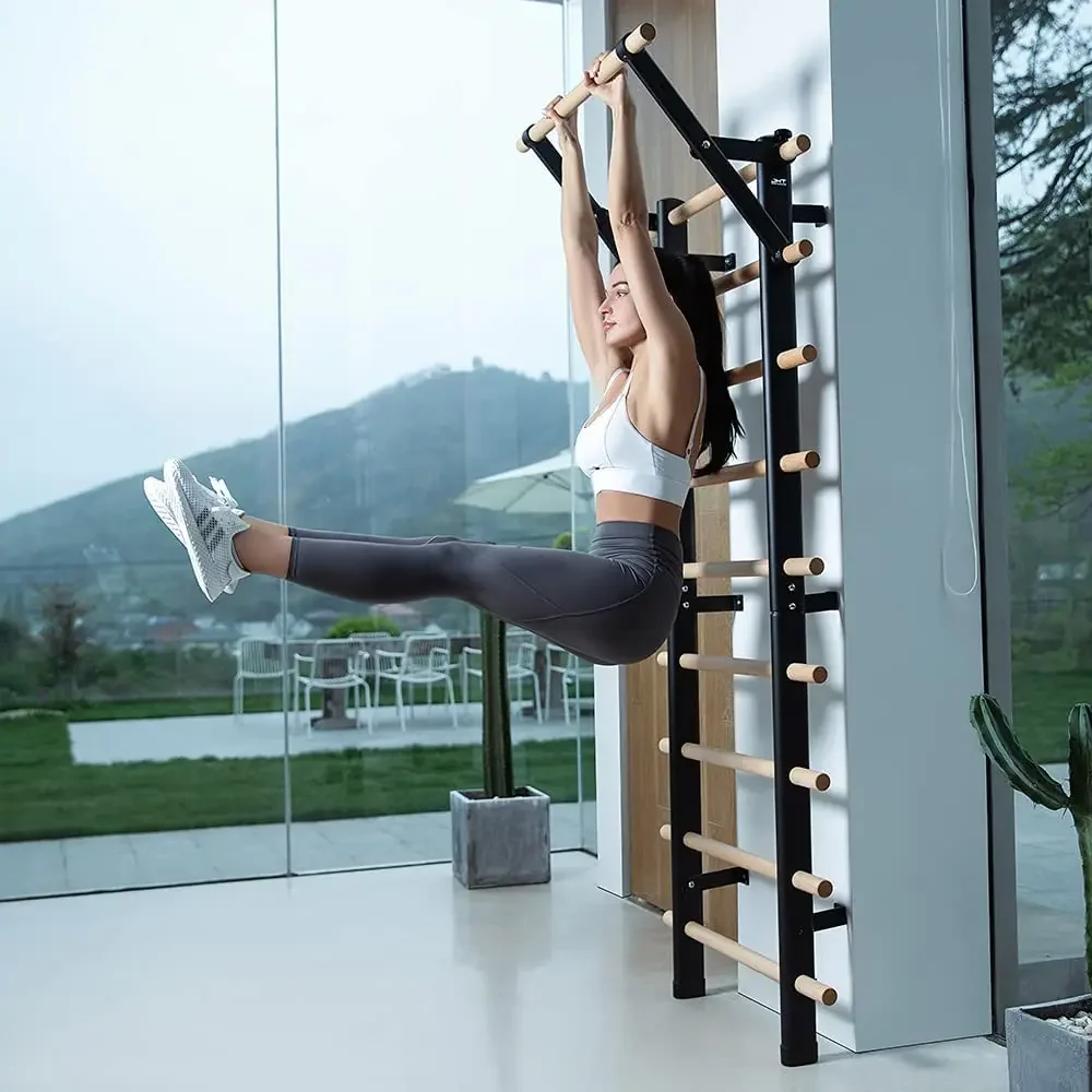 Outdoor indoor fitness wooden trainer booth, Swedish ladder hanging trainer with 9 strategic bars, wooden wall bar