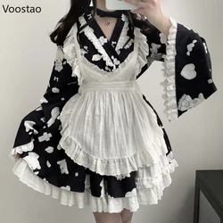 Abito da cameriera Lolita dolce giapponese Kawaii Cute Cartoon Print abiti da festa principessa con grembiule Costume Cosplay Set di abiti Kimono