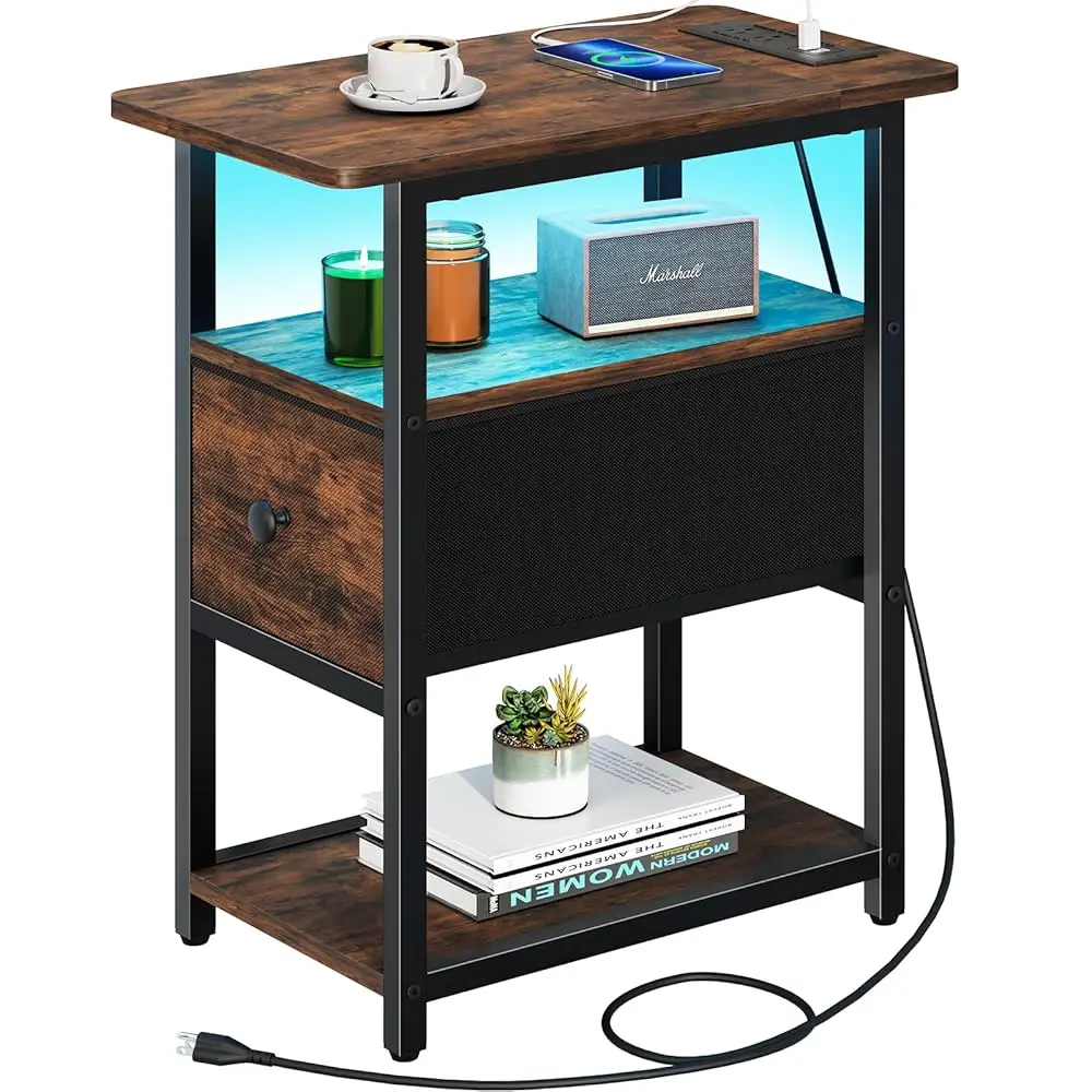 

End Table With Charging Station, Narrow Side Table With Adjustable Fabric Drawer, 3-Tier End Tables Living Room, Small