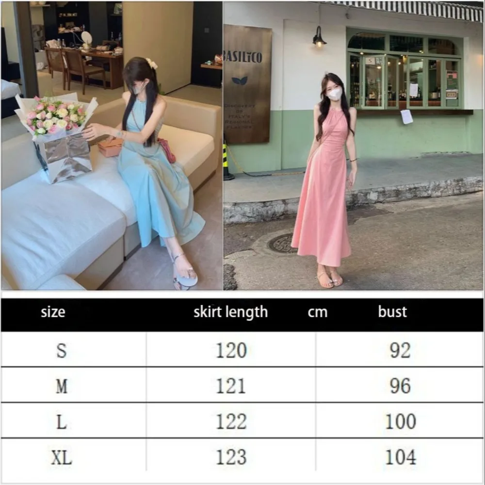 A-line Sling Dress Elegant Solid Color Hanging Neck Style Beach Dress Backless Off-the-shoulder Waist Dress Beach Style