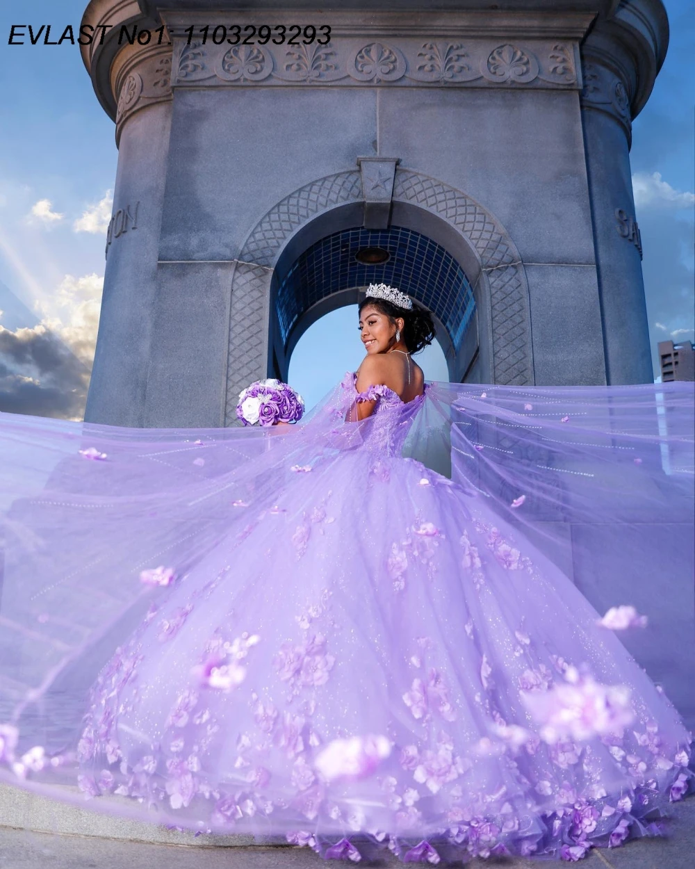 Evlast personalizado luxo lavanda vestido de baile quinceanera vestido 3d floral applique frisado capa doce 16 vestidos de 15 anos e1q619