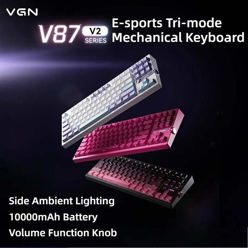 VGN V87 V2 لوحة مفاتيح ميكانيكية مخصصة ثلاثي الوضع سماعة لاسلكية تعمل بالبلوتوث مبادلة ساخنة الكمون المنخفض لوحة مفاتيح الألعاب الرياضية الإلكترونية مقبض معدني للمكتب