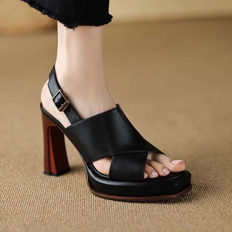 【JOCHEBED HU】Handmade Genuine Leather Summer One-button Thick Open Toe Sexy Professional High Heels Temperament Female Sandals