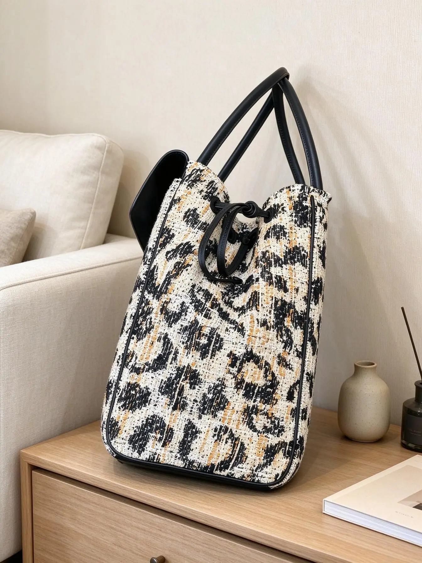Unisex Leopard Print Woven Fabric Tote Handbag Spliced Leather Top Handle Large Capacity Drawstring Shoulder Bag