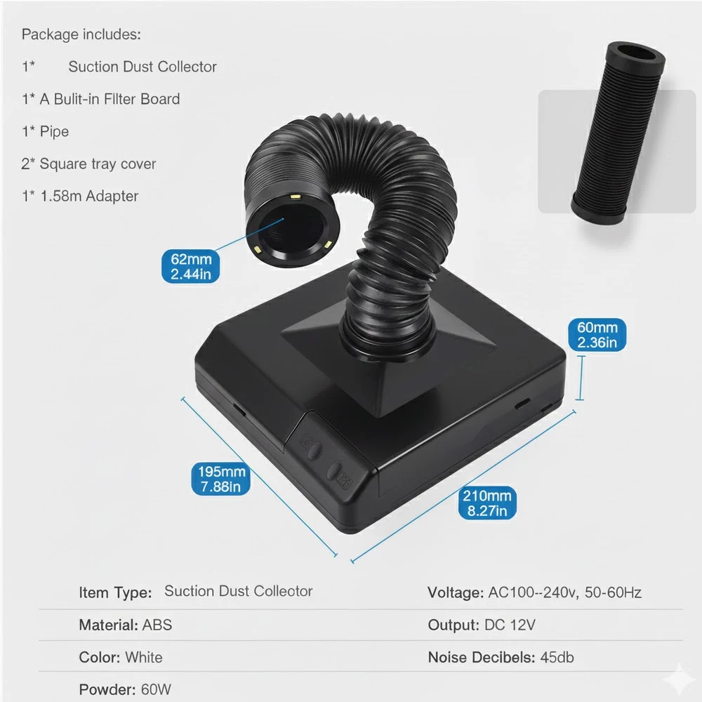60W Dental Dust Collector Vacuum Cleaner Benchtop Extractor Suction Machine Retractable Elbow LED Fan Dentist Table Lab Equipmen