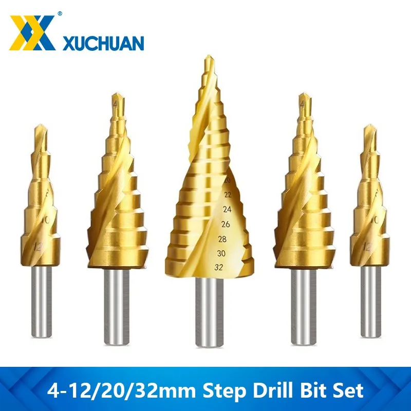 Drill Bit Titanium Coated Step Drill 4-12/20/32mm Hss Drill Bit Triangular Shank Spiral Groove Drill Bit For Hole Cutter 3pcs