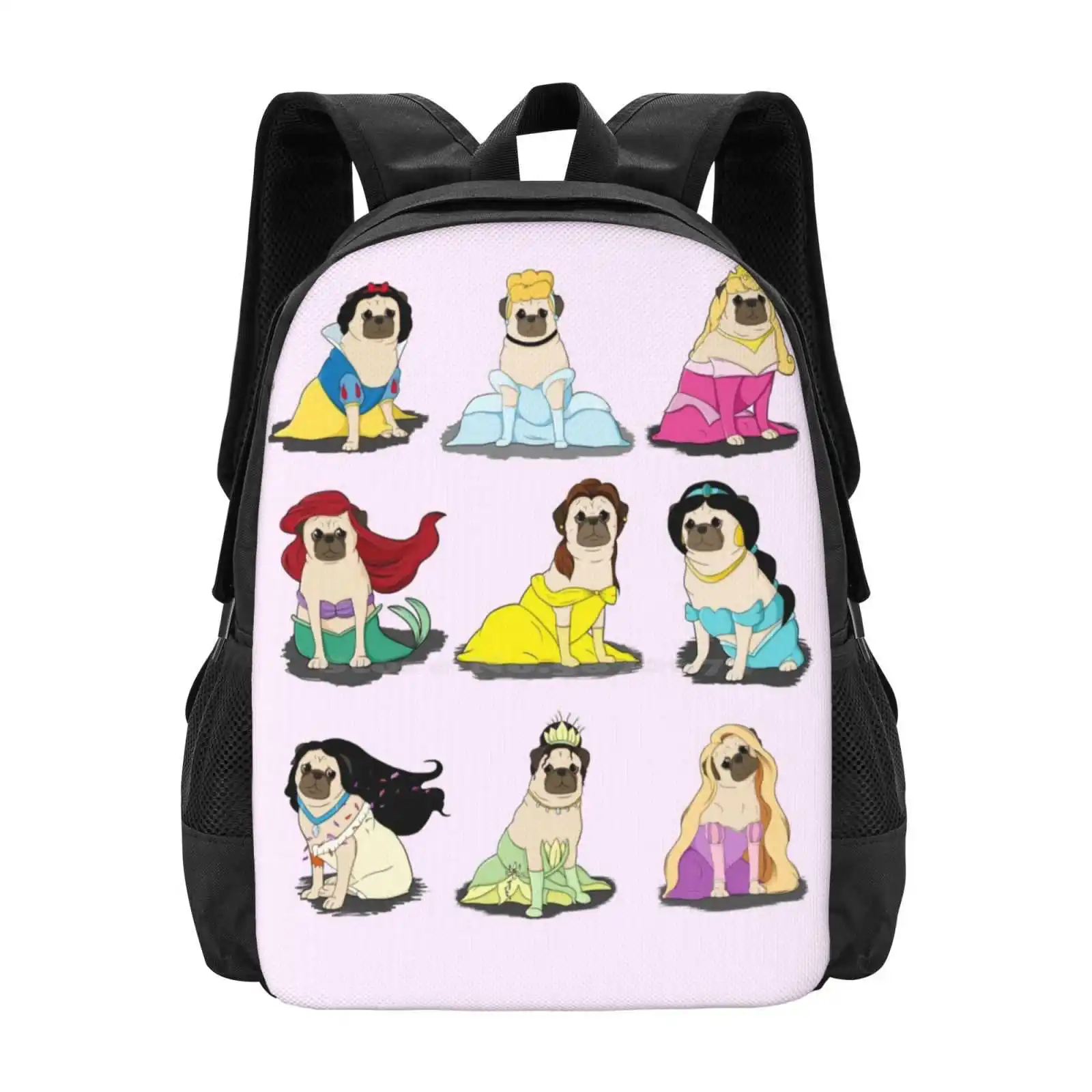 Pug Princesses Version 2 Hot Sale Backpack Fashion Bags Dog Parody Pug Princesses Cute Snow White Sleeping Beauty Aurora Ariel