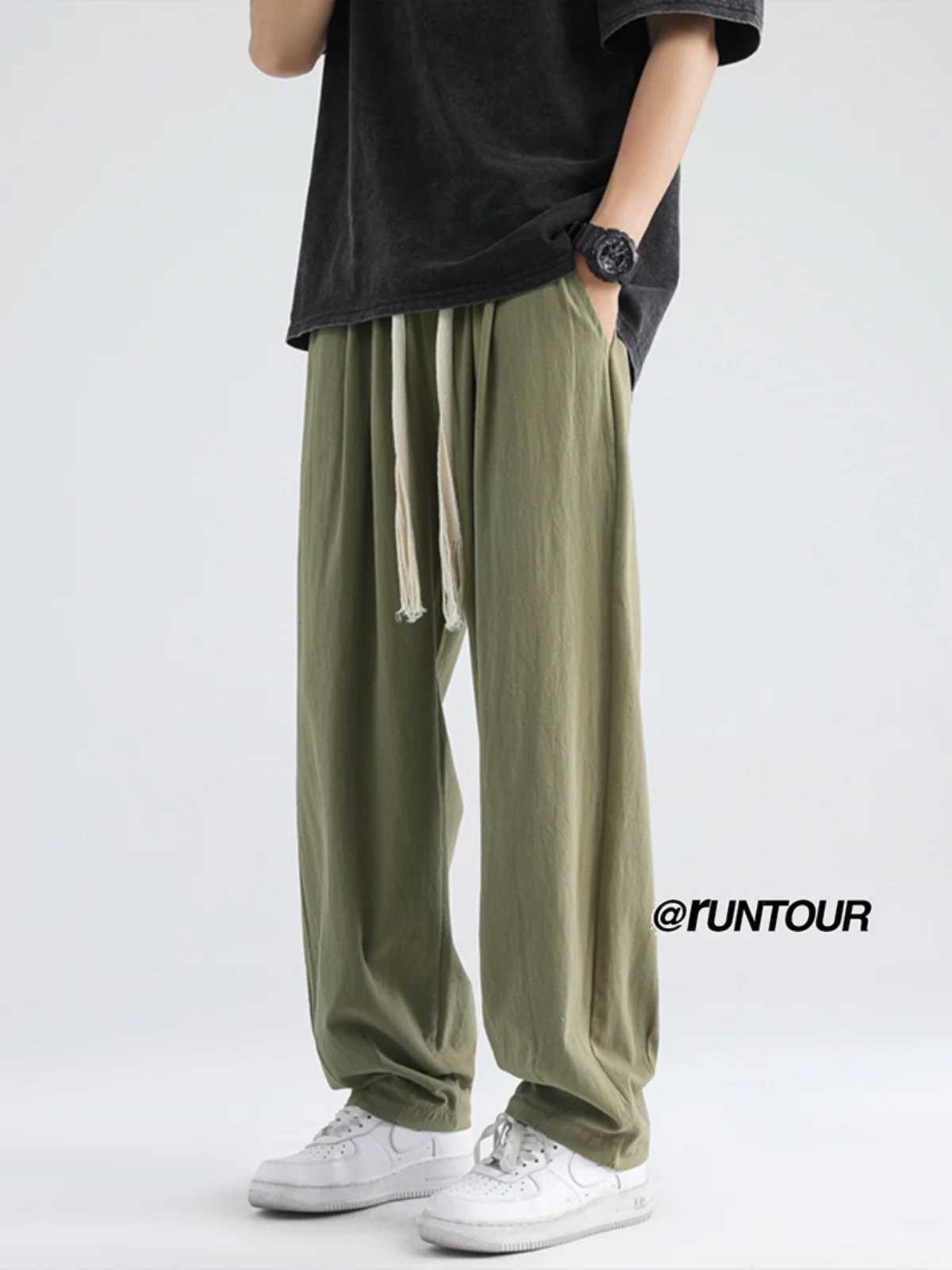 

Trendy Cotton Linen Pants Loose Fit Straight Leg Summer Casual Wear for Men Comfortable Elastic Waist Wide Leg Long Pants