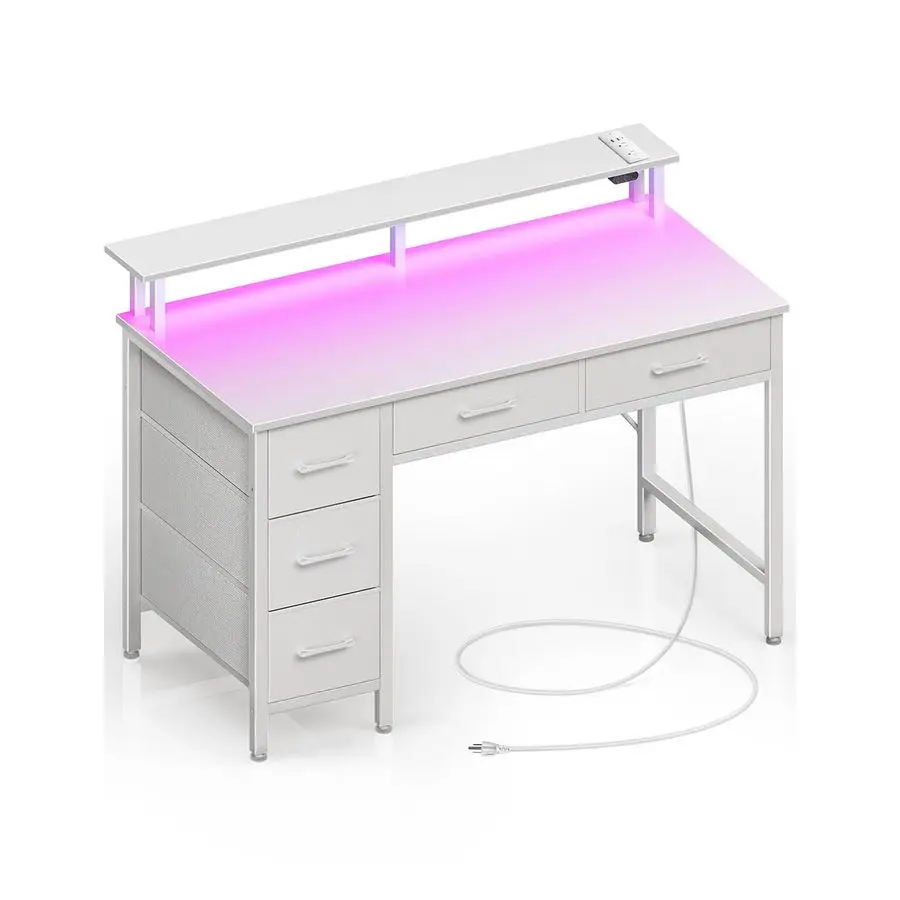 

Computer Desk with Power Outlets amp LED Light, 39 inch Home Office Desk with 5 Drawers, Writing Desk with Monitor Customizable
