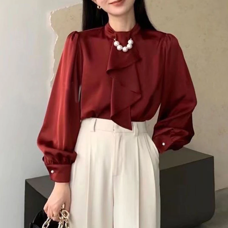 Women Satin Bow Beads Chic Luxury Design Elegant Blouses Fashion White Office Lady Business Casual Shirts Long Sleeve Tops Blusa