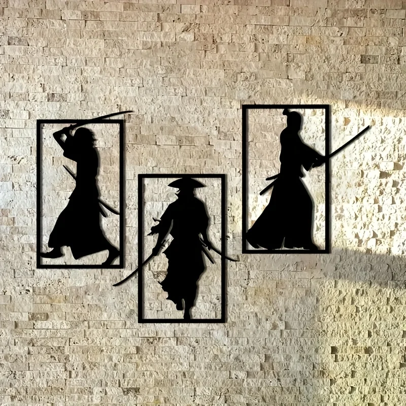 2D Flat 3pcs Samurai Metal Wall Art, Japanese Style Wall Decor Set for Home