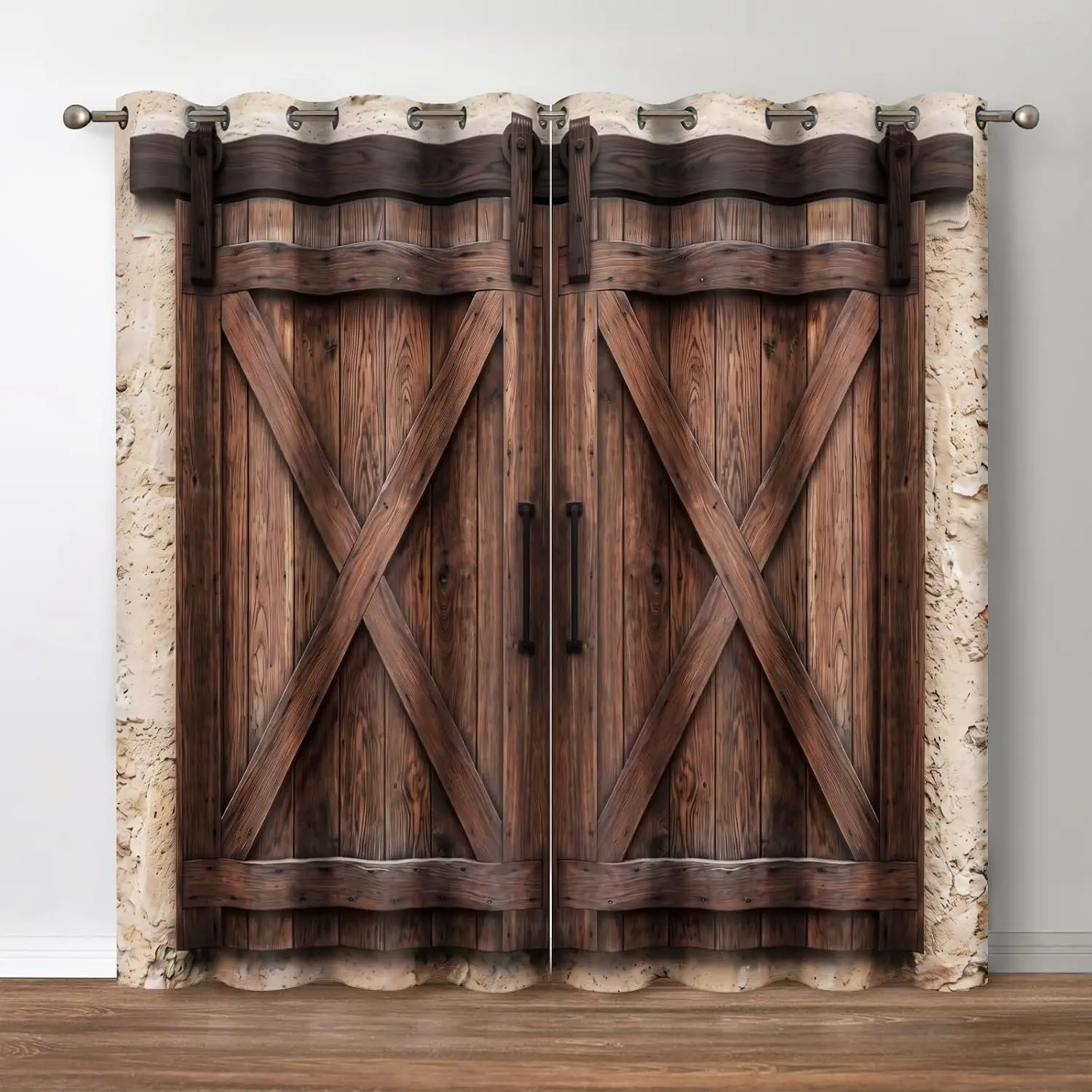 Rustic Farmhouse Barn Door Style Curtain Backdrop Weathered Wood Double Sliding Panel Wall Decor for Living Room Bedroom Industr